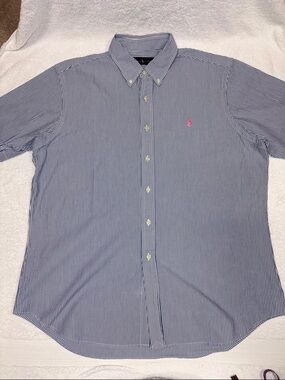 Ralph Lauren seersucker White Pinstripe Button-Down Shirt Pink Polo Logo xl